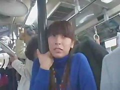 Japanese girl is riding in the bus and gets an upskirt fuck