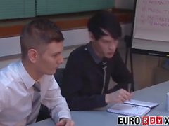 Skinny Euro twinks bareback during an office meeting