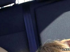 Lesbian girlfriends licking in the car