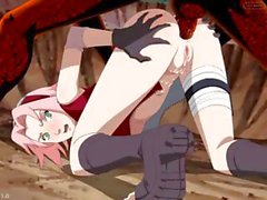 Chica de anime Haruno a Sakura encuentra en con las manos y la de rodillas recibiendo un golpe