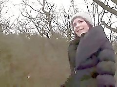 Brunette in pantyhose sucks huge dick and fucks in woods