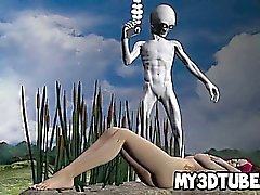 Hot 3D redhead babe sucks on a gray aliens cock
