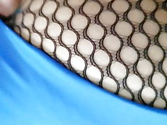 Back view fishnet tights blue leotard