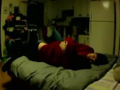 College asian with big boobs rides boyfriend in basement