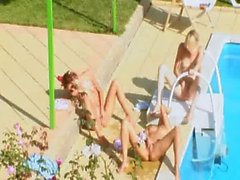 Three chicks secret fuck by the pool